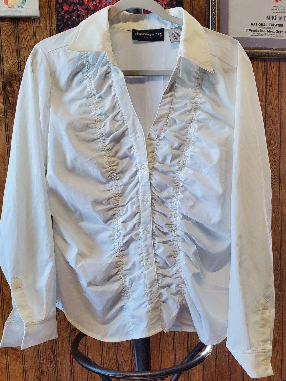 Sharagano White Ruffled Front Button Shirt